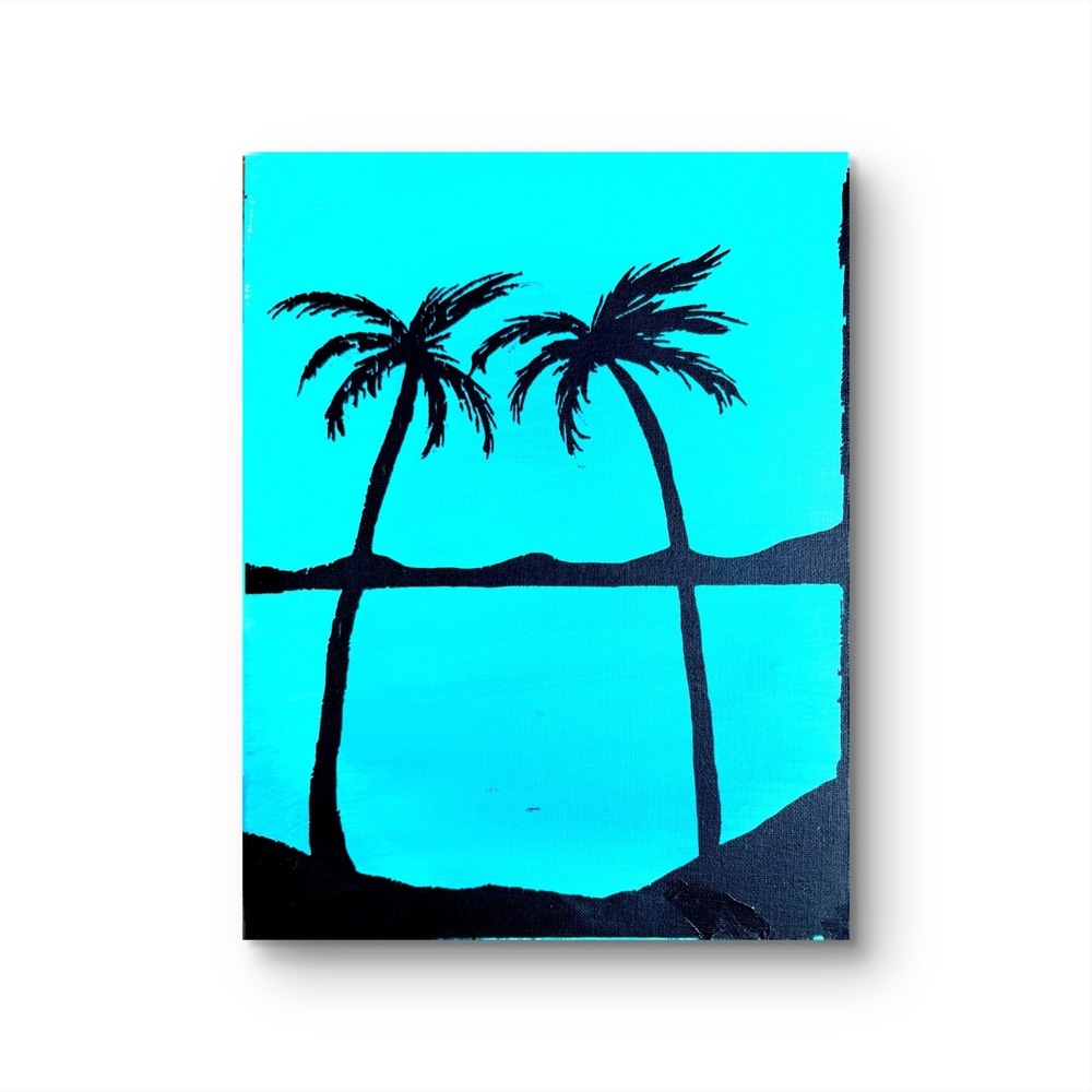 Papa Diouf Painting Palm Tree Reflection Coastal Art Blue 11x14 New